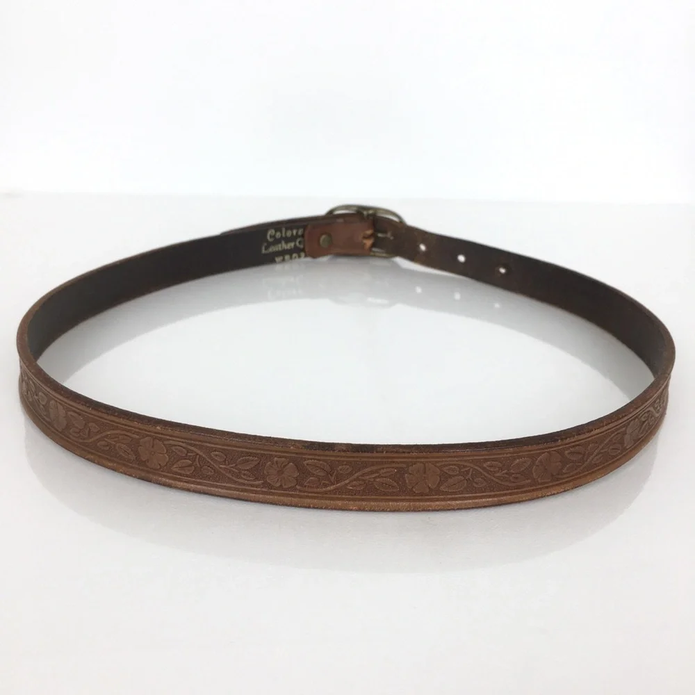Thin Floral Tooled Leather Belt Brown by Colorado Leather Goods Feminine Western